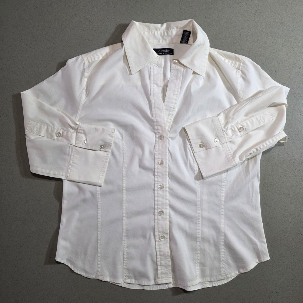 Identity Lord & Taylor White Button Down 3/4 Sleeve Shirt Size 10 Cotton Stretch